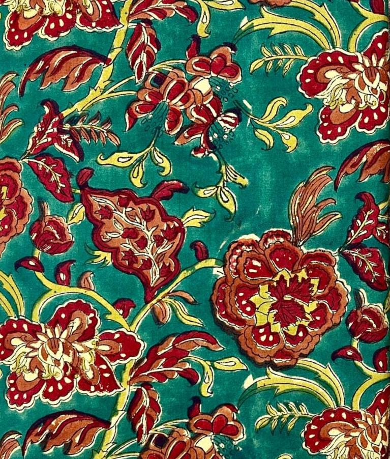Emerald Green Floral Indian Hand Block Print Fabric, Soft Cotton Fabric, Floral 100% Cotton Fabric By The Yard, Fabric For Loose Running