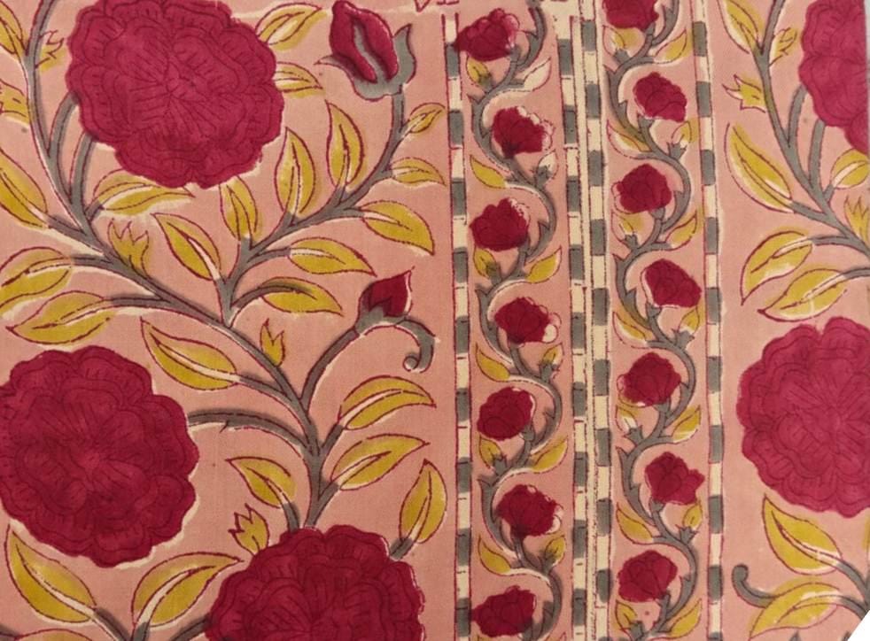 Peach & Red Floral Cotton Fabric by the Yard – Indian Block Print Botanical Stripe – Handmade Craft Textile, Quilting Fabric, Apparel Fabric