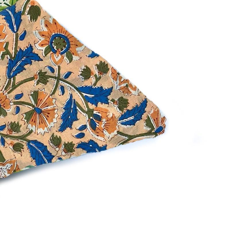 Beige Floral Cotton Cushion Cover, Hand Block Print Pillow Cover, Blue Orange Flower Throw Pillow, Boho Decorative Cushion, Gifr For Her