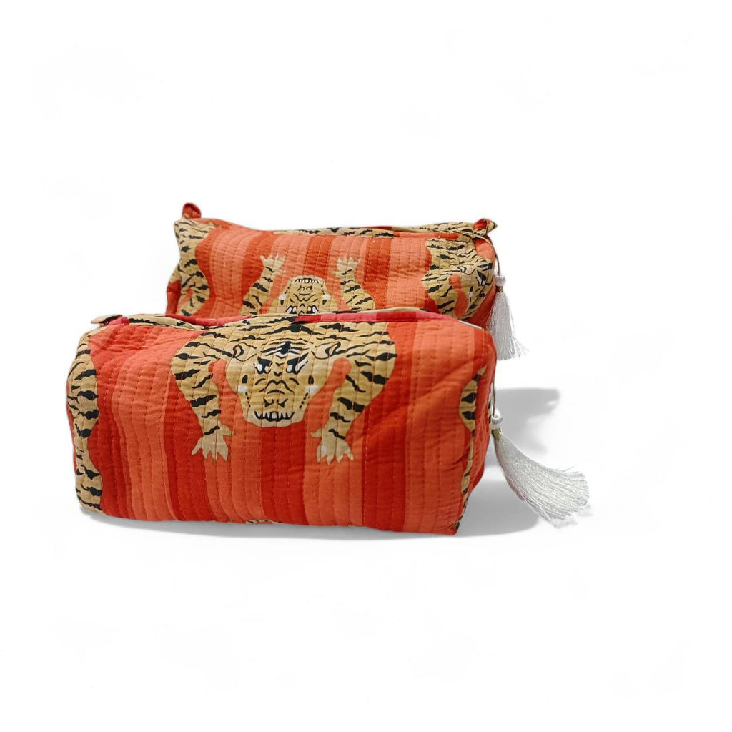 Set of 3 Quilted Toiletry Bags | Big, Medium, Small, Toiletry Bag | Women Wash Bag | Tiger Print Travel Pouch | Hand Block Print Pouch, Gift