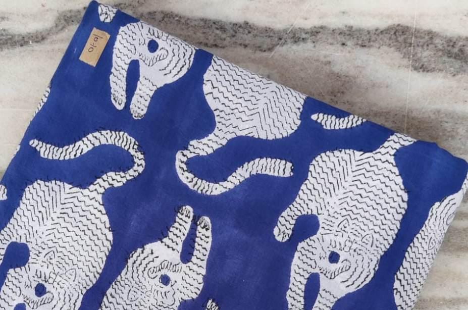 Blue Cat Print Cotton Fabric, Animal Pattern Soft Cotton by Yard, Hand Block Print Fabric for Quilting, Sewing, Dressmaking, Textile Fabric