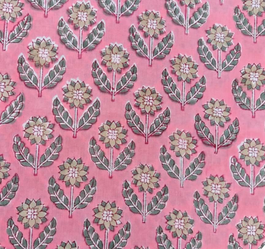 Pink Green Block Print Cotton Fabric, Floral Printed Fabric by the Yard, Soft Cotton for Sewing, Quilting, Dressmaking, Personlized Gifts