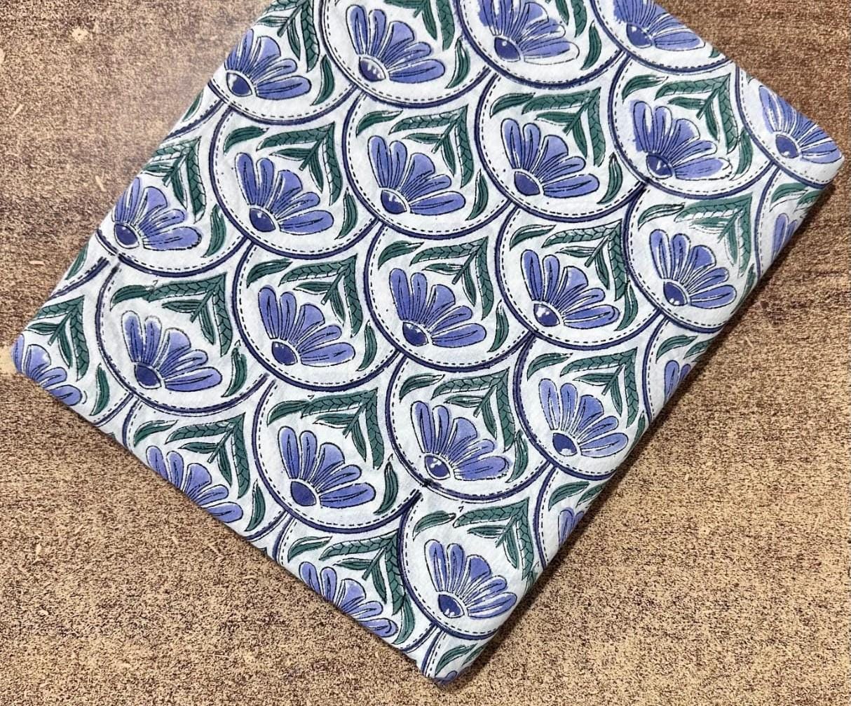 Blue Floral Hand Block Print Cotton Fabric, White Indian Block Printed Cotton by Yard, Ethnic Flower Fabric for Dressmaking, Home Decor