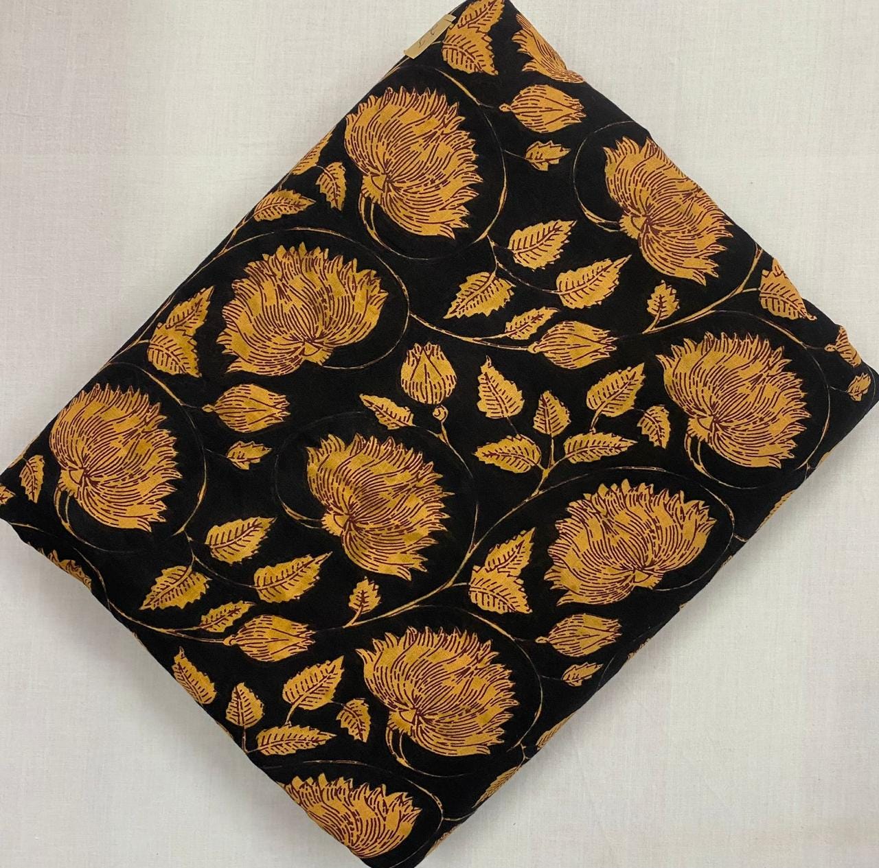 Black Mustard Floral Hand Block Print Cotton Fabric, Indian Buta Print Fabric by Yard, Soft Sewing Quilting Dressmaking Home Decor Material
