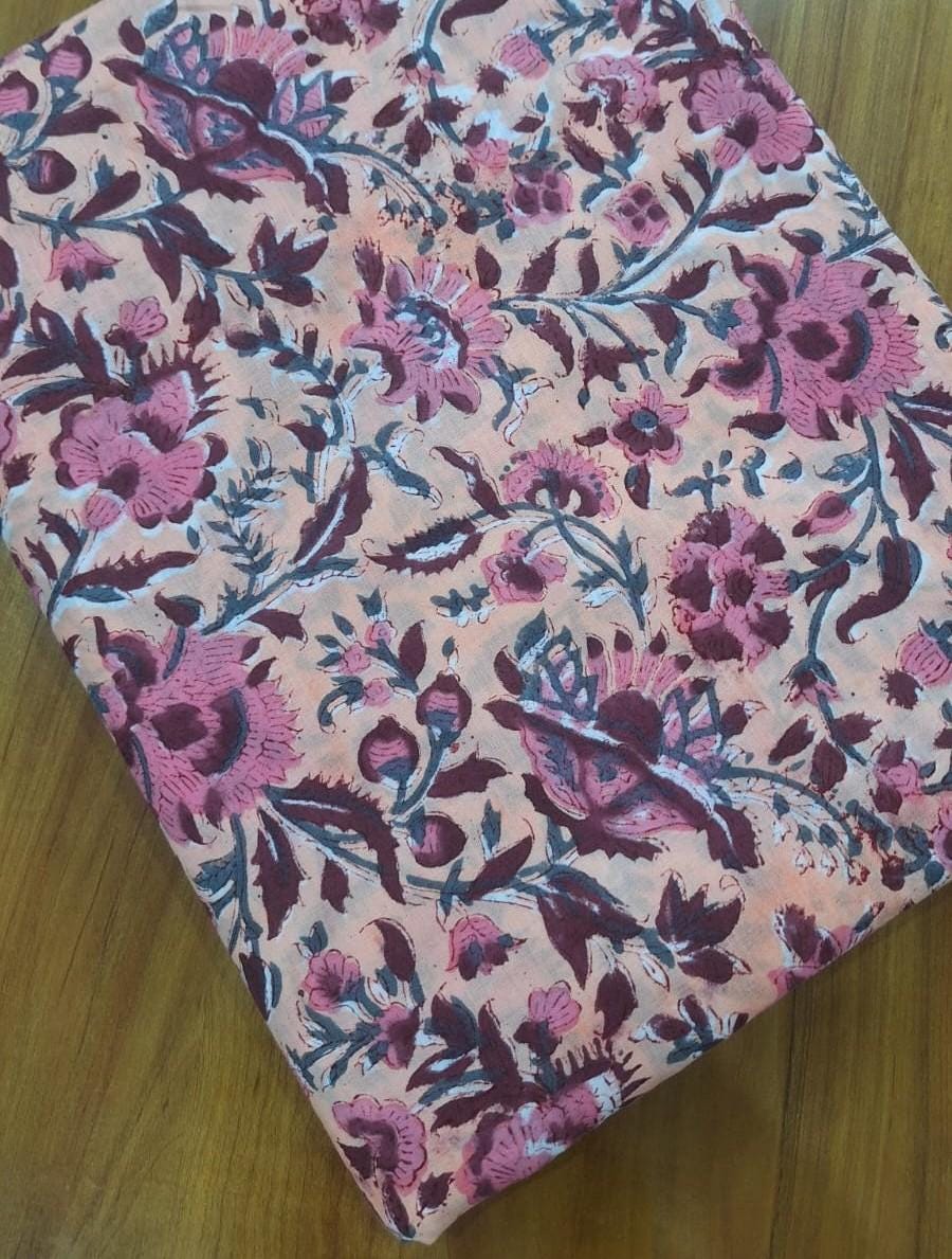 Pink Floral Cotton Fabric, Indian Block Print Fabric, Vintage Flower Cotton Fabric by Yard, Boho Floral Fabric for Quilting Dressmaking