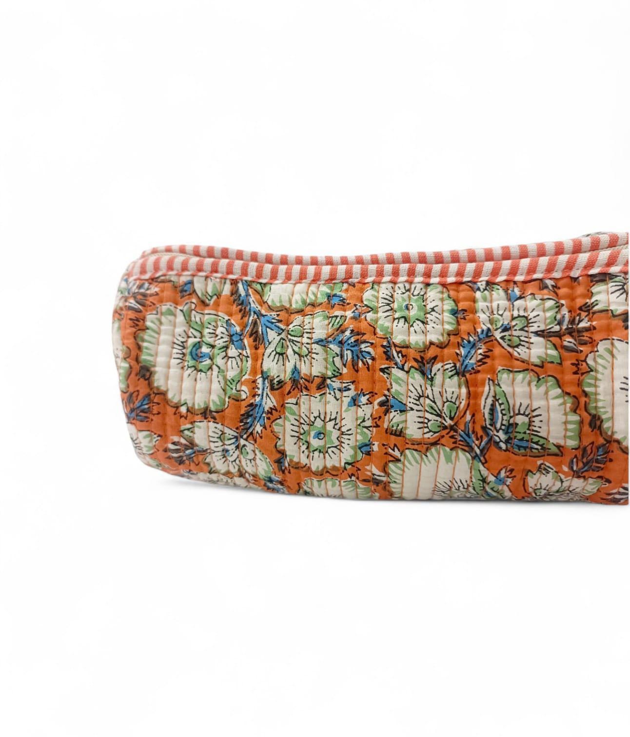 Quilted Floral Makeup Bag, Handmade Cotton Cosmetic Pouch, Orange Block Print Toiletry Bag, Zipper Travel Clutch, Gift for Her