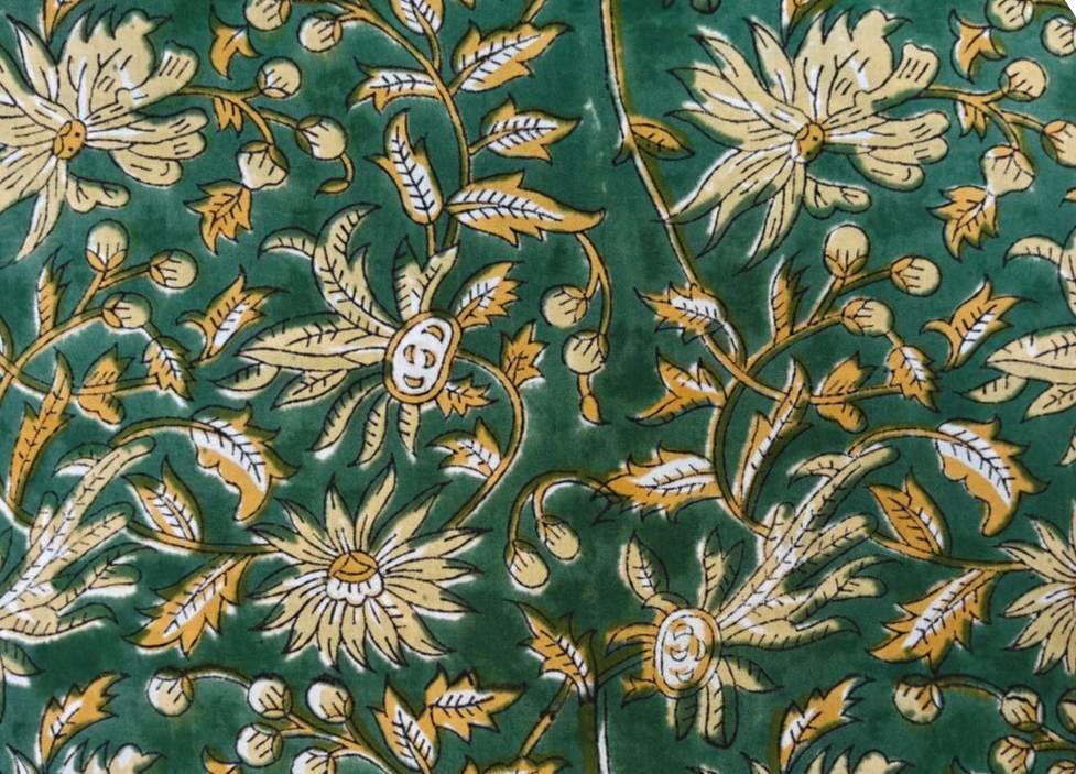 Green & Mustard Cotton Fabric, Indian Hand Block Print Fabric by the Yard, Soft Cotton for Quilting, Fabric For Dress Making, Napkins