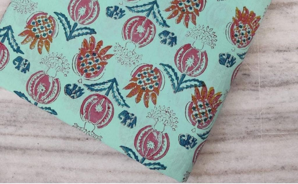Mint Green Floral Cotton Fabric: Hand Block Print, Quilting & Sewing