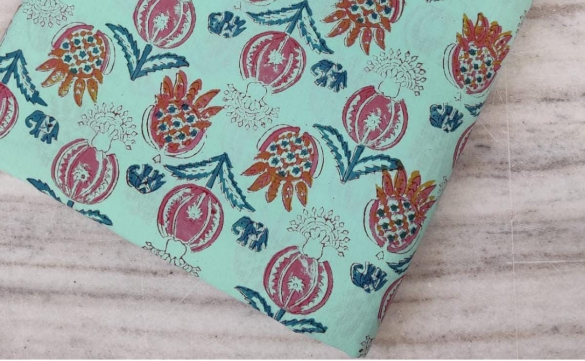 Mint Green Floral Cotton Fabric: Hand Block Print, Quilting & Sewing