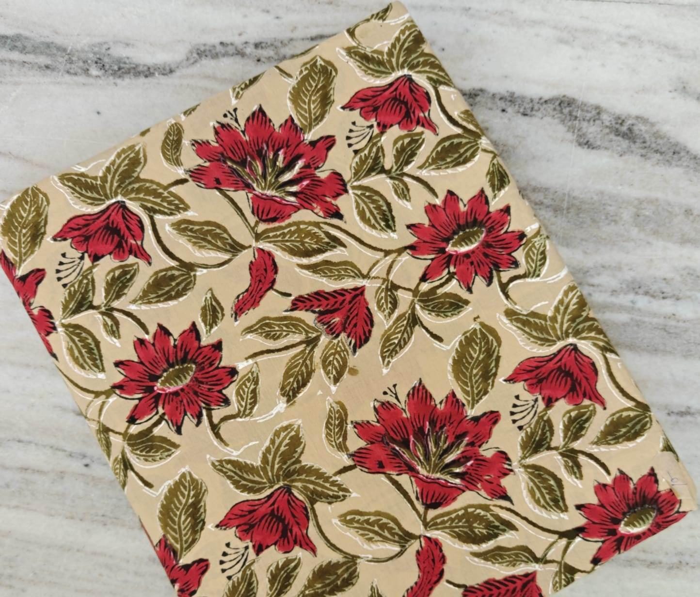 Red Floral Cotton Fabric by the Yard, Red Flower and Olive Green Print Fabric, Traditional Floral Pattern for Dresses, Curtains, Quilts