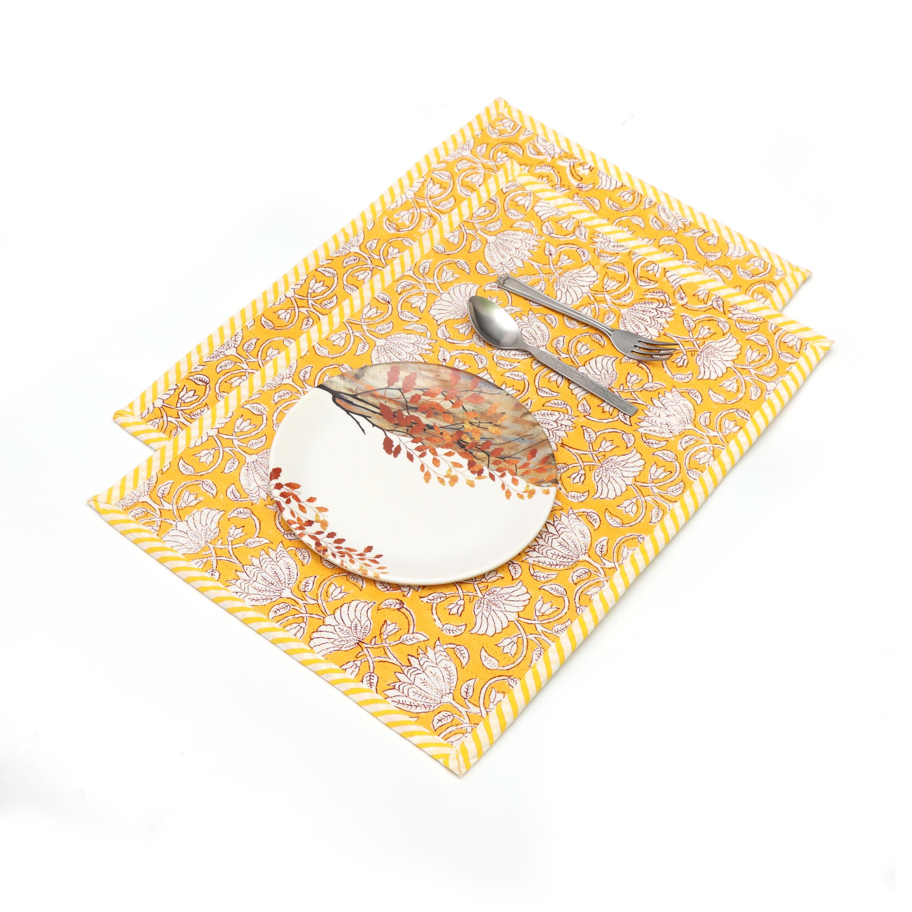 Yellow Floral Block Print Placemats Set, Hand Block Printed Cotton Table Mats, Mustard Yellow Dining Table Decor Placemat,Handmade Placement