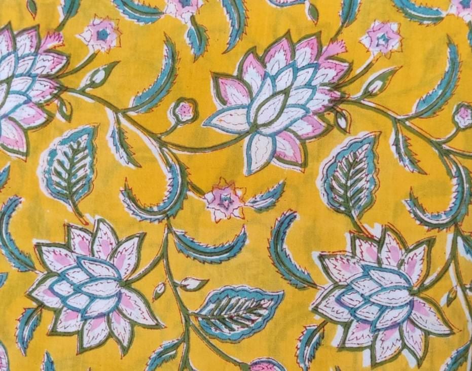 Yellow Lotus Floral Cotton Fabric by the Yard | Indian Hand Block Print Fabric for Quilting, Sewing, Dressmaking & Crafts | Textile Fabric