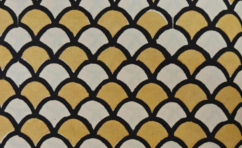 Hand Block Print Cotton Fabric, Mustard & Cream Scallop Pattern, Geometric Indian Textile, Cushion Covers, Quilting Craft Fabric