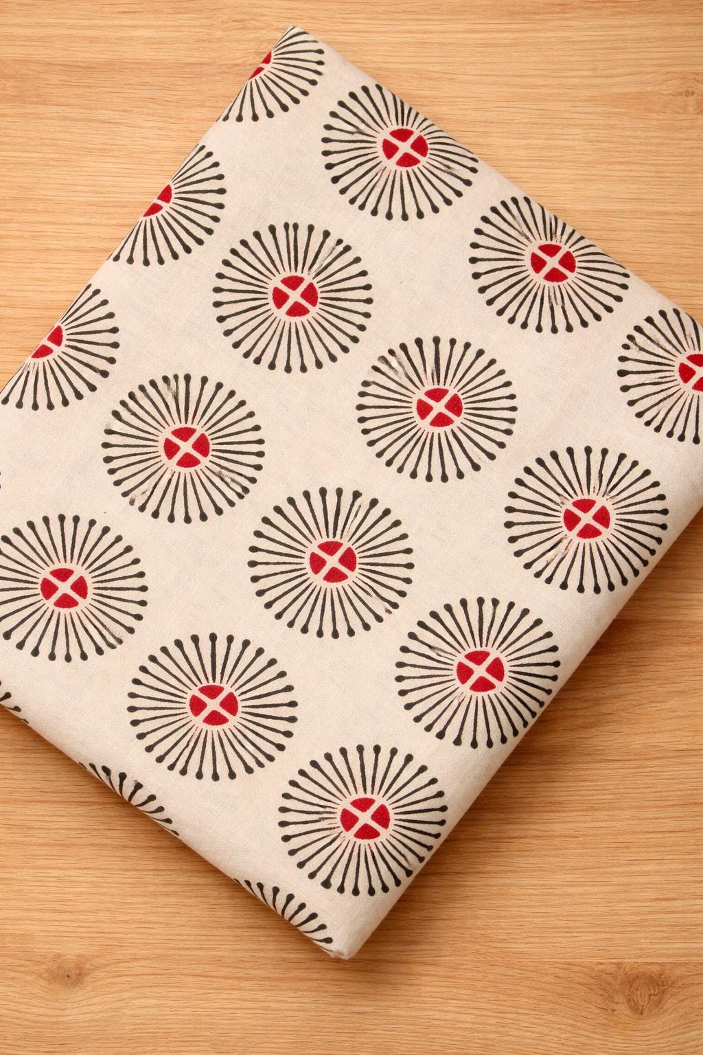 Cream Sunburst Print Cotton Fabric, Black Red Geometric Hand Block Print, Indian Cotton Textile, Sewing Quilting, Loose Running Fabric