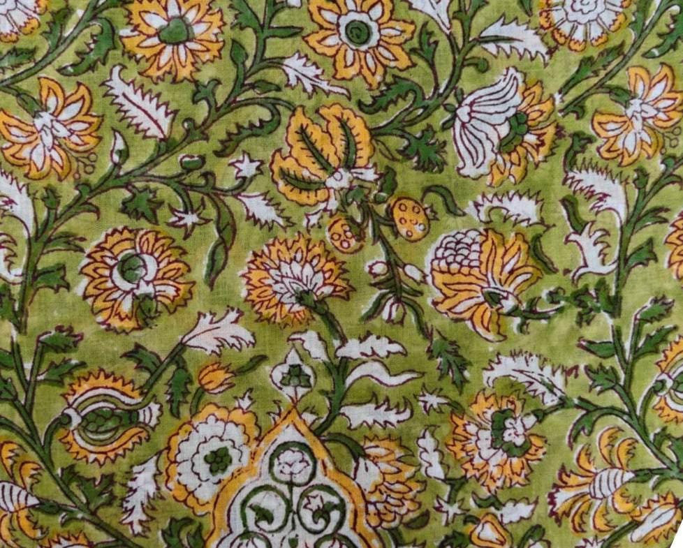 Green Floral Cotton Fabric, Hand Block Print Fabric, Indian Cotton Textile, Botanical Print Fabric, Soft Fabric for Dressmaking, Napkins