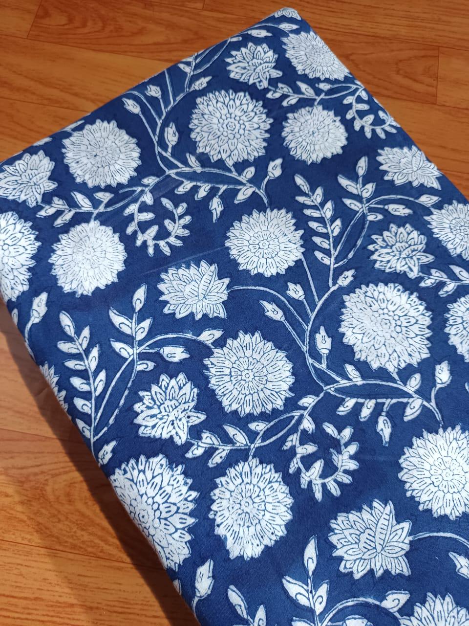 Indigo Blue Hand Block Print Cotton Fabric, White Floral Indian Fabric by the Yard, Soft Cotton for Quilting, Dressmaking, Running Fabric