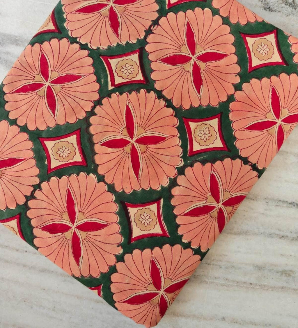 Peach and Green Floral Cotton Fabric by Yard, Indian Hand Block Print Fabric, Red Flower Cotton Material for Dress, Quilting & Home Decor