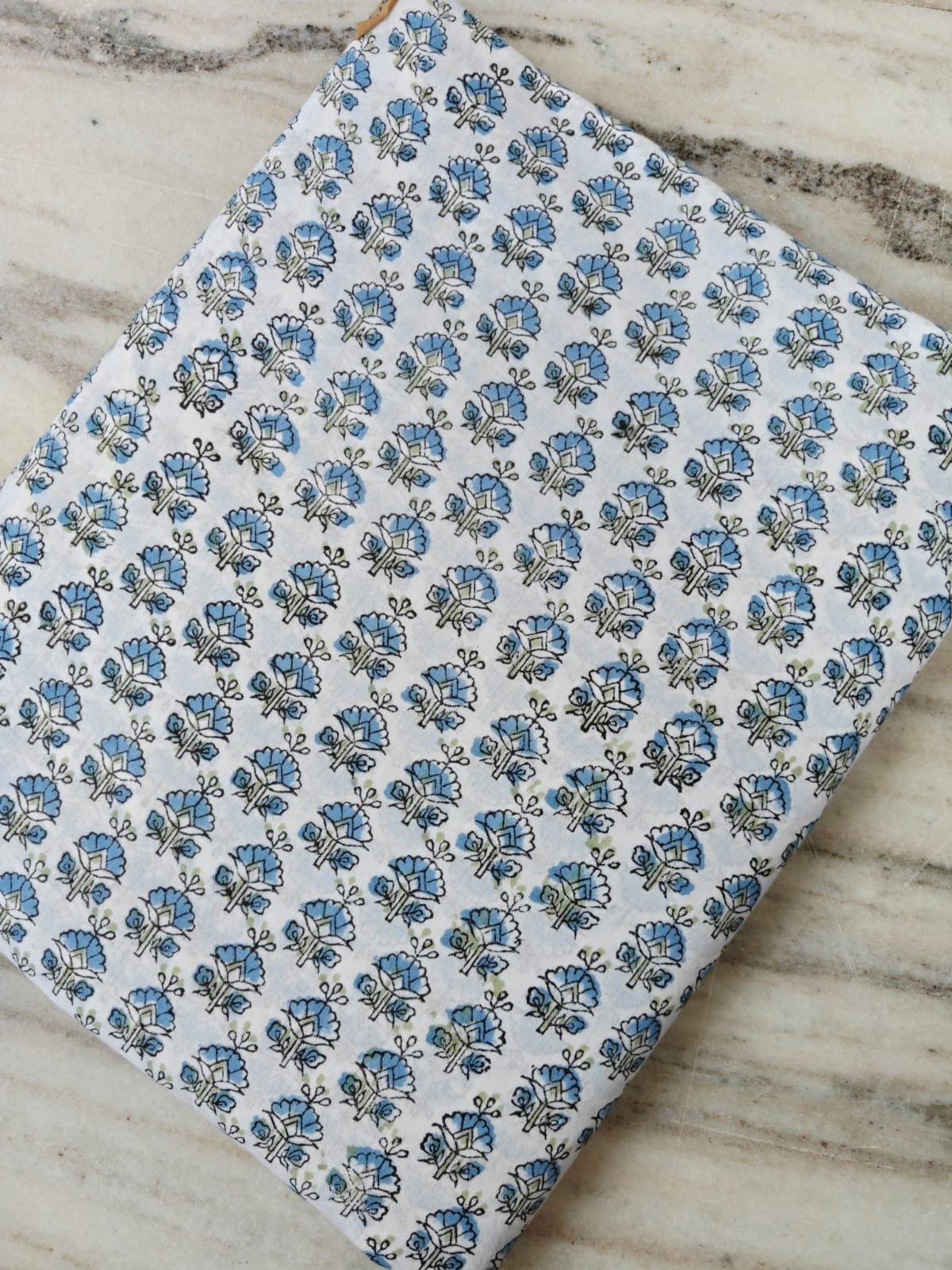 Soft Cotton, White Cotton Fabric with Small Blue Floral Print, Hand Block Print Cotton by the Yard, Fabric for Loose Running, Textile Fabric