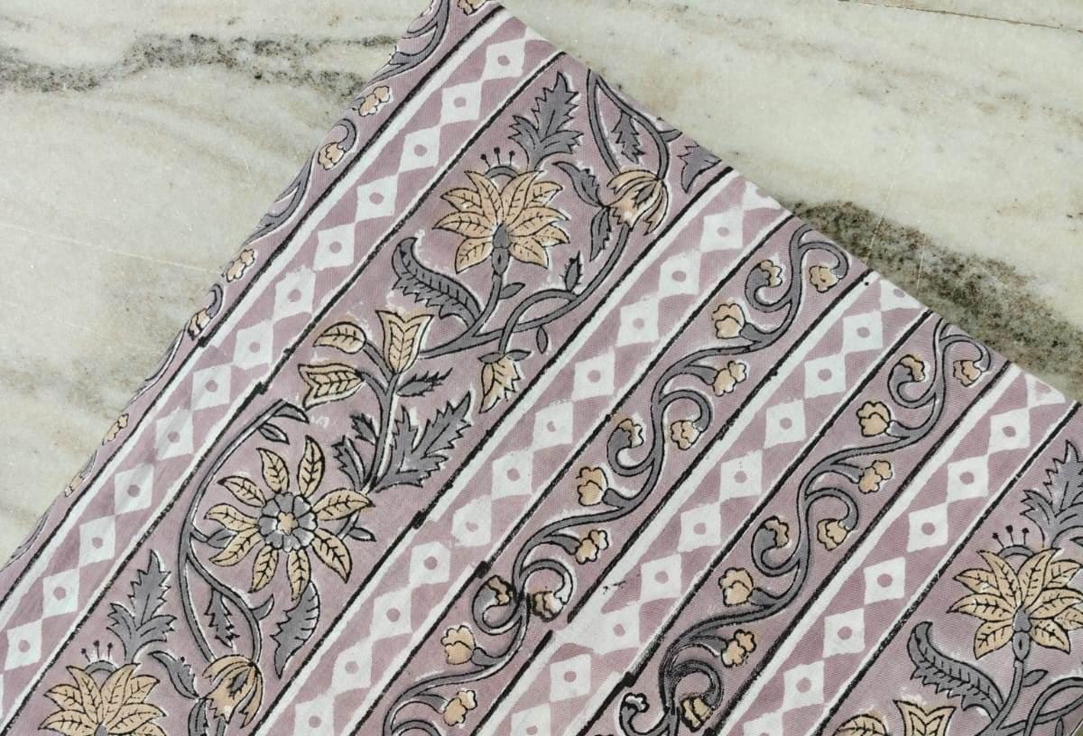 Striped Floral Cotton Fabric, Purple Hand Block Print Fabric by the Yard, Indian Soft Cotton with Beige Flowers for Quilting, Dressmaking