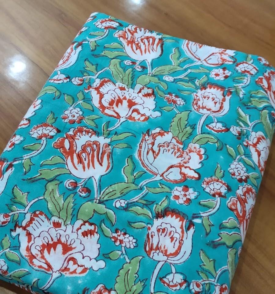 Handmade Hand Block Print Cotton Fabric by the Yard, Turquoise Floral Indian Cotton, Soft Summer Fabric for Dressmaking, Sewing, Curtains