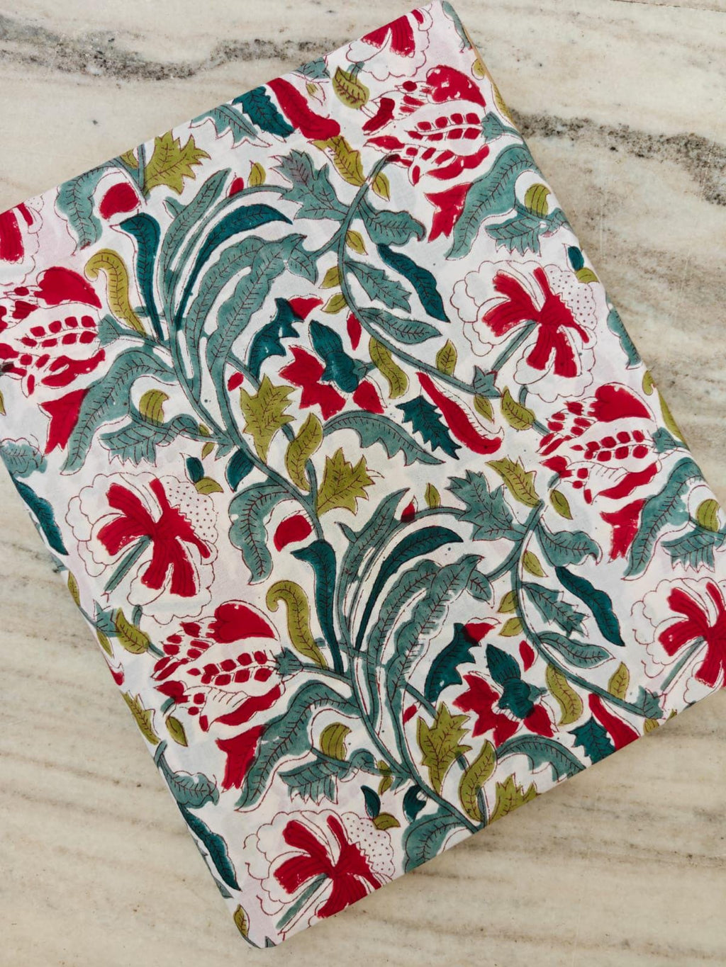 Hand Block Print Cotton Fabric, Red Floral Green Leaf Fabric, Indian Botanical Print Cotton, Soft Lightweight Sewing Fabric Dressmaking