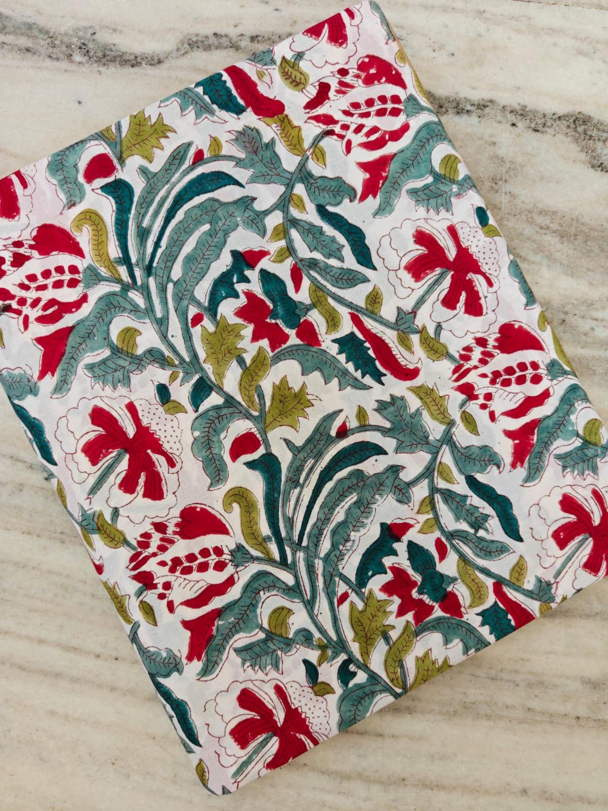 Hand Block Print Cotton Fabric, Red Floral Green Leaf Fabric, Indian Botanical Print Cotton, Soft Lightweight Sewing Fabric Dressmaking