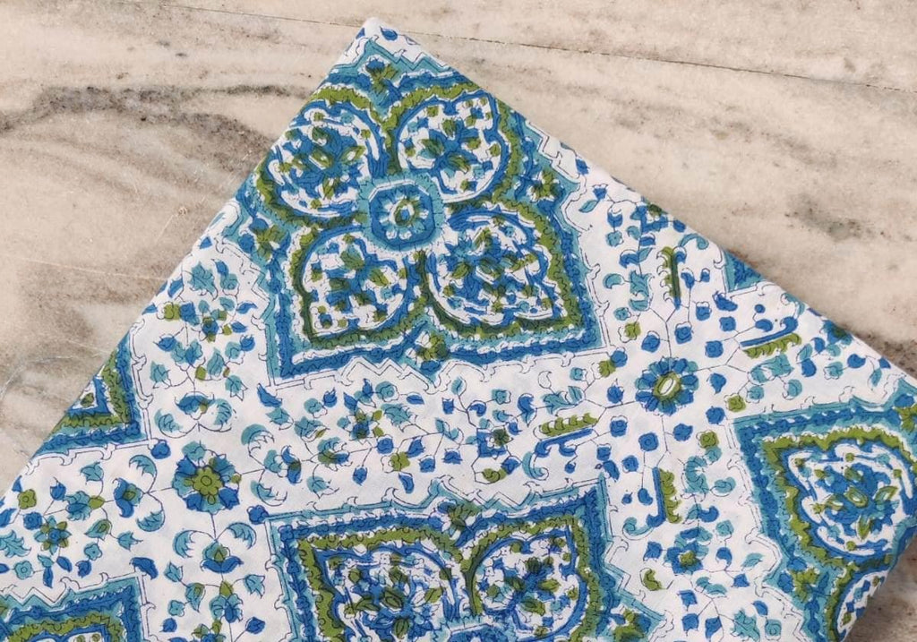 Blue Green Floral Tile Cotton Fabric by the Yard, White Base Block Print Fabric, Indian Cotton for Quilting, Dressmaking, Sewing & Crafts