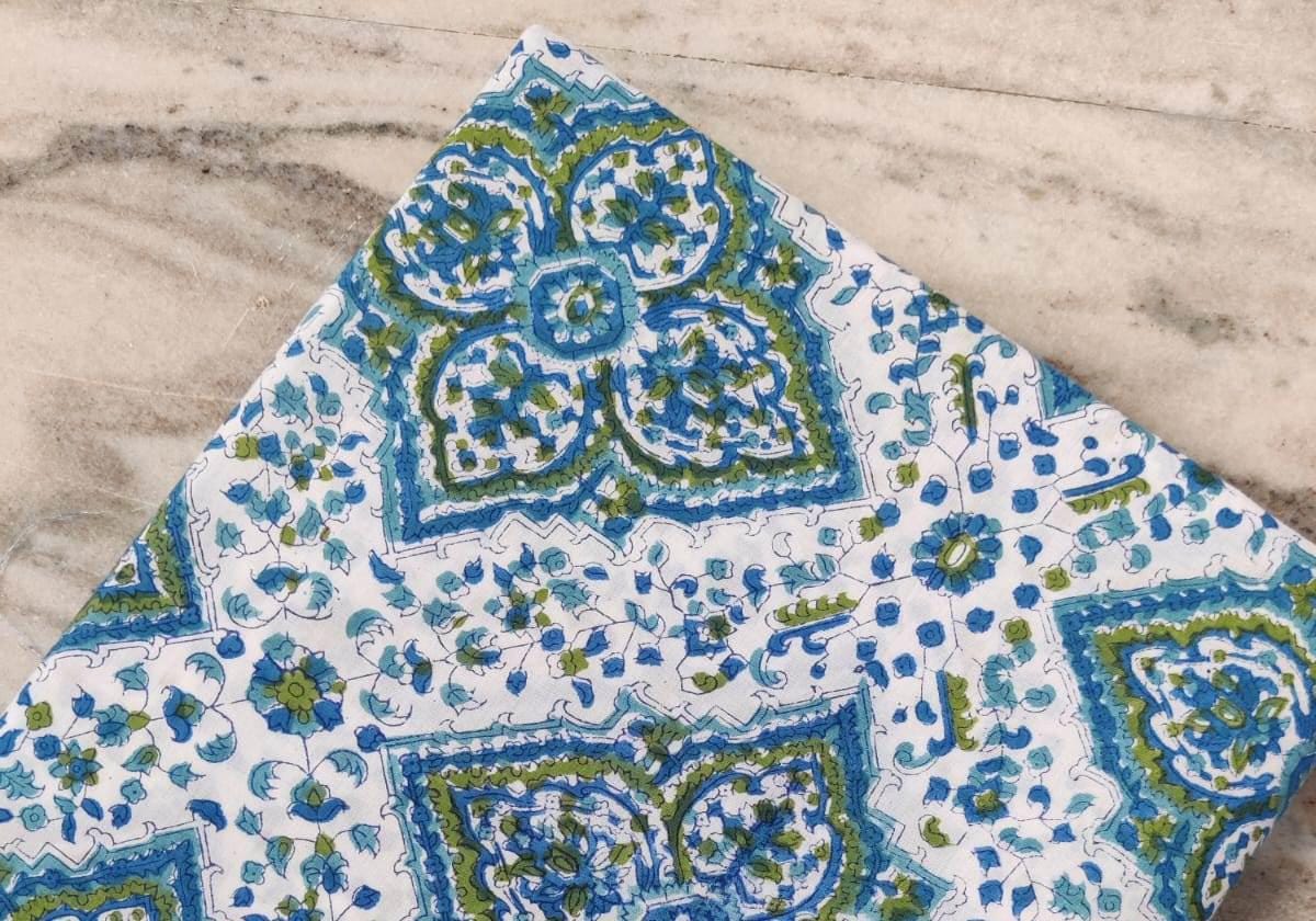 Blue Green Floral Tile Cotton Fabric by the Yard, White Base Block Print Fabric, Indian Cotton for Quilting, Dressmaking, Sewing & Crafts