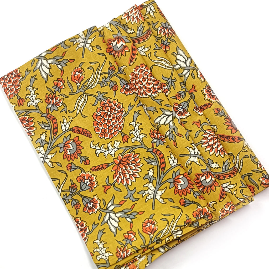 Yellow Floral Block Print Cotton Napkins: Scalloped Dinner Napkins (Set of 4)
