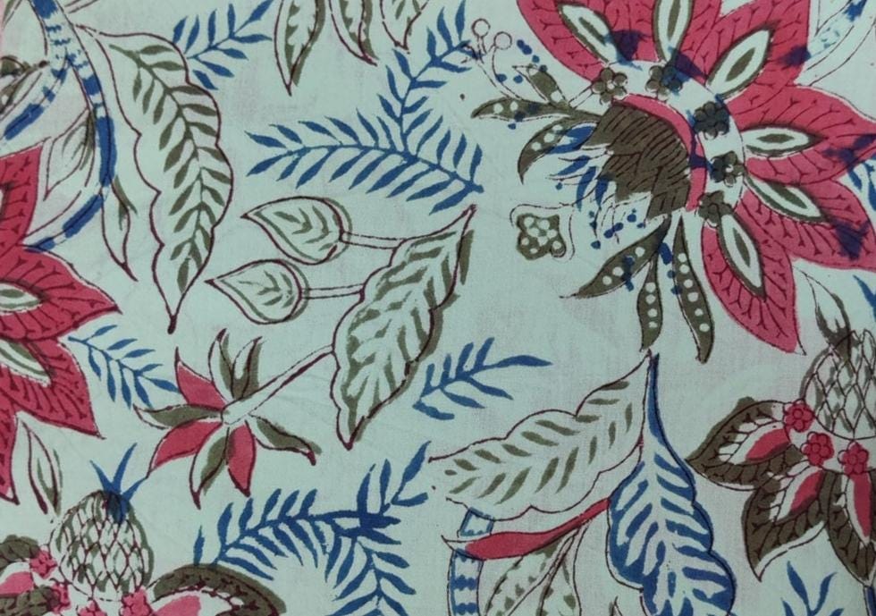 Green Multi-Color Indian Hand Block Print Fabric, Floral 100% Cotton Quilting Fabric By The Yard, Fabric Dress Making, Loose Running Fabric