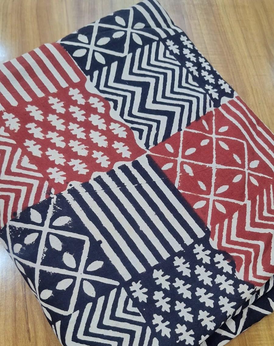 Red Blue Patchwork Cotton Fabric, Geometric Block Print Fabric, Indian Hand Block Print Cotton Fabric by Yard, Boho Patchwork Fabric Napkins