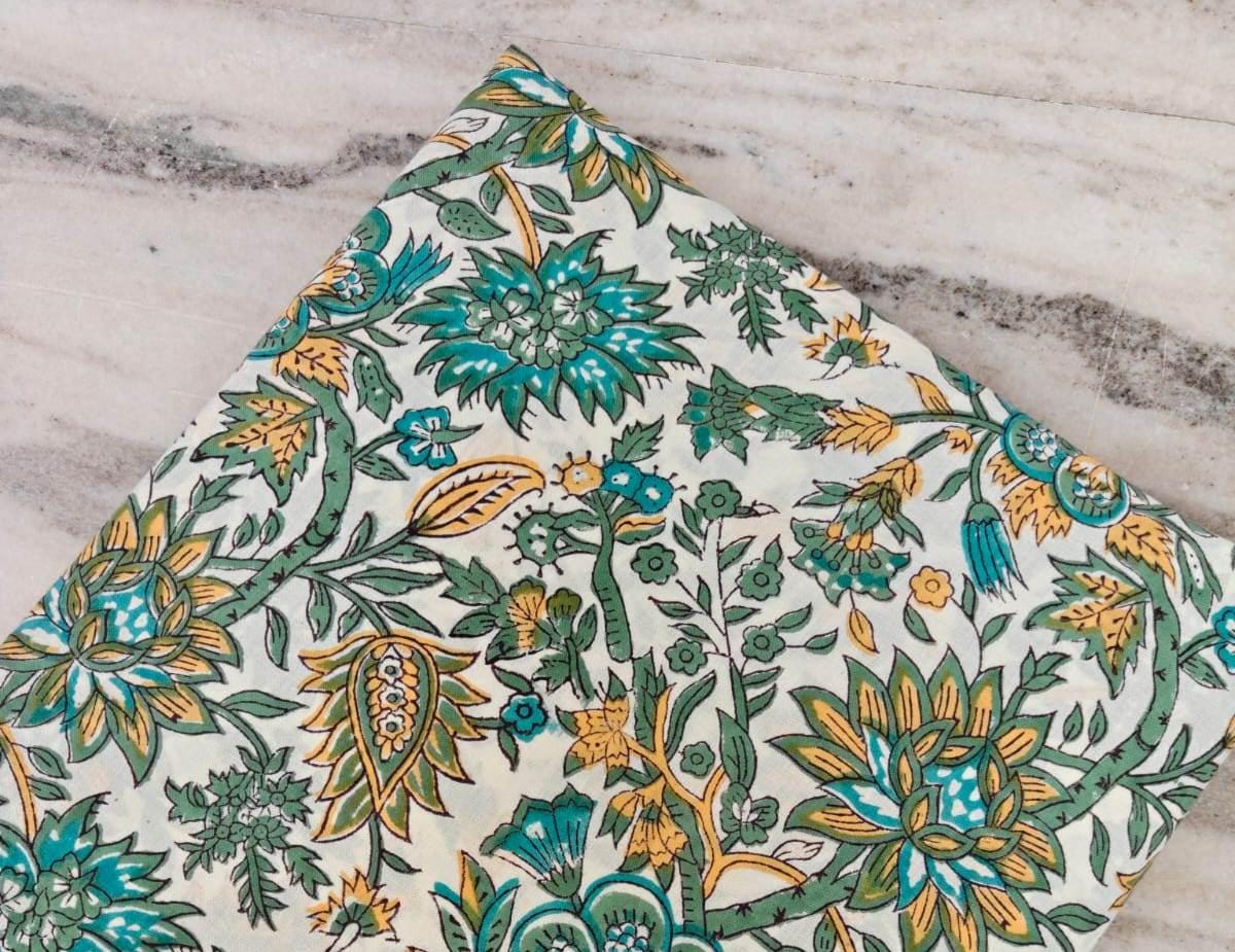 Hand Block Printed Cotton Fabric by Yard, Floral Print Fabric, Teal Green Yellow Fabric Sewing, Quilting, Dressmaking, Craft Cotton Fabric