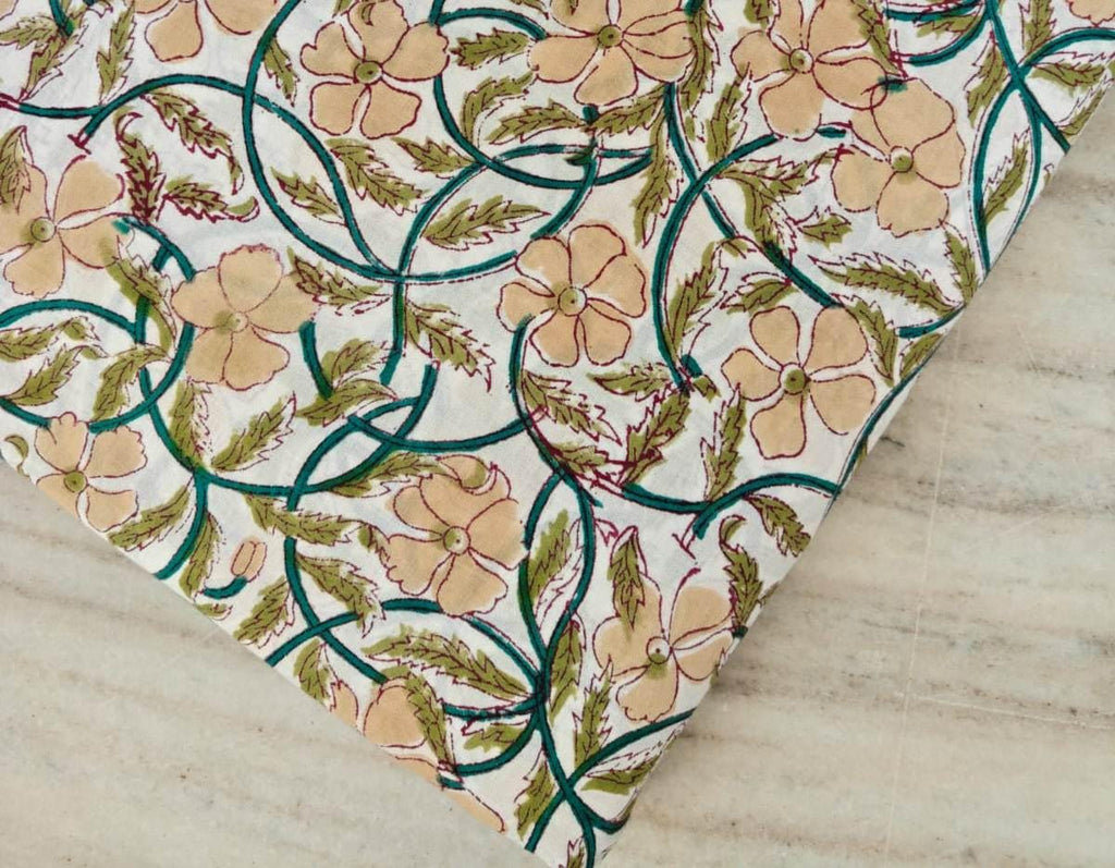 Floral Cotton Fabric, Peach Floral Block Print Fabric, Indian Hand Printed Fabric by the Yard, Cotton Fabric, Table Cover Fabric, Napkins