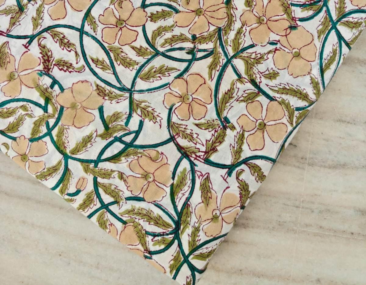 Floral Cotton Fabric, Peach Floral Block Print Fabric, Indian Hand Printed Fabric by the Yard, Cotton Fabric, Table Cover Fabric, Napkins