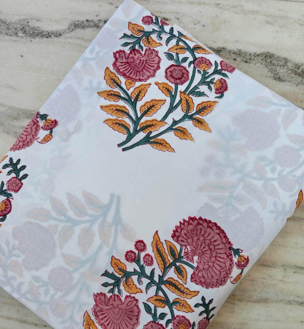 White Floral Cotton Fabric, Indian Block Print Fabric, Pink Yellow Botanical Fabric, Soft Mulmul Cotton, Lightweight Summer Dress Fabric