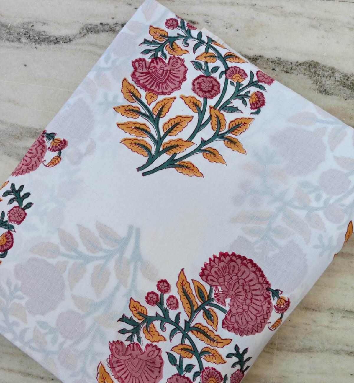 White Floral Cotton Fabric, Indian Block Print Fabric, Pink Yellow Botanical Fabric, Soft Mulmul Cotton, Lightweight Summer Dress Fabric