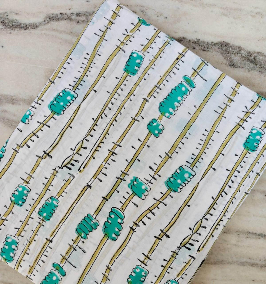 White & Teal Block Print Cotton Fabric, Modern Stripe Floral Fabric, Lightweight Dressmaking Cotton, Cotton Dress Fabric, White Fabric