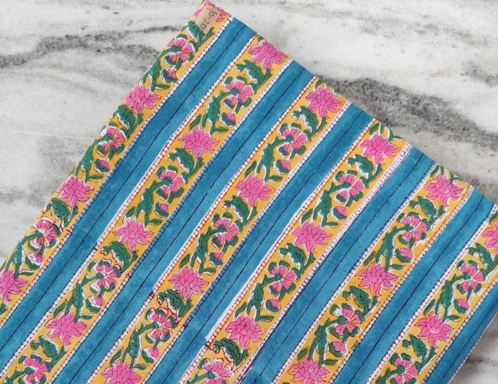 Striped Floral Cotton Fabric by the Yard, Blue Yellow Pink Hand Block Print Fabric, Indian Cotton for Sewing, Quilting, Dressmaking & Crafts