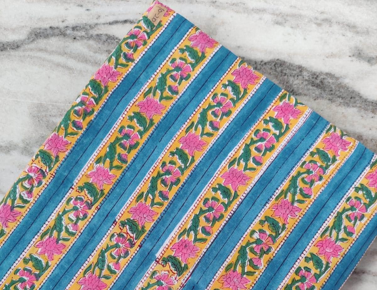 Striped Floral Cotton Fabric by the Yard, Blue Yellow Pink Hand Block Print Fabric, Indian Cotton for Sewing, Quilting, Dressmaking & Crafts