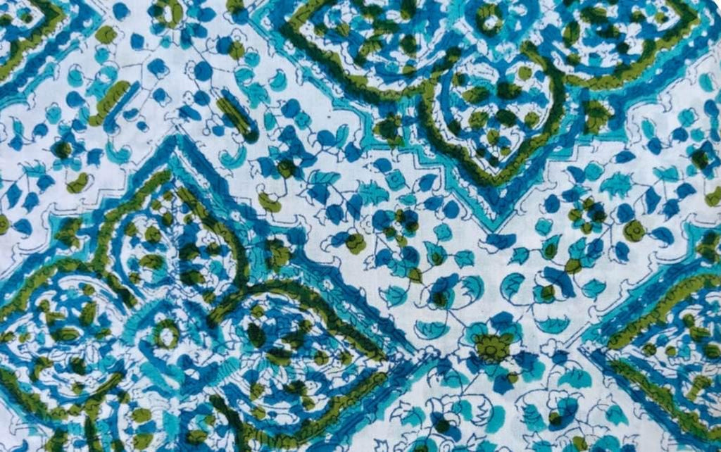 Designer Floral Cotton Fabric by the Yard, Blue Green Block Print Cotton Fabric, Indian Handmade Cotton Textile, Boho Floral Sewing Quilting