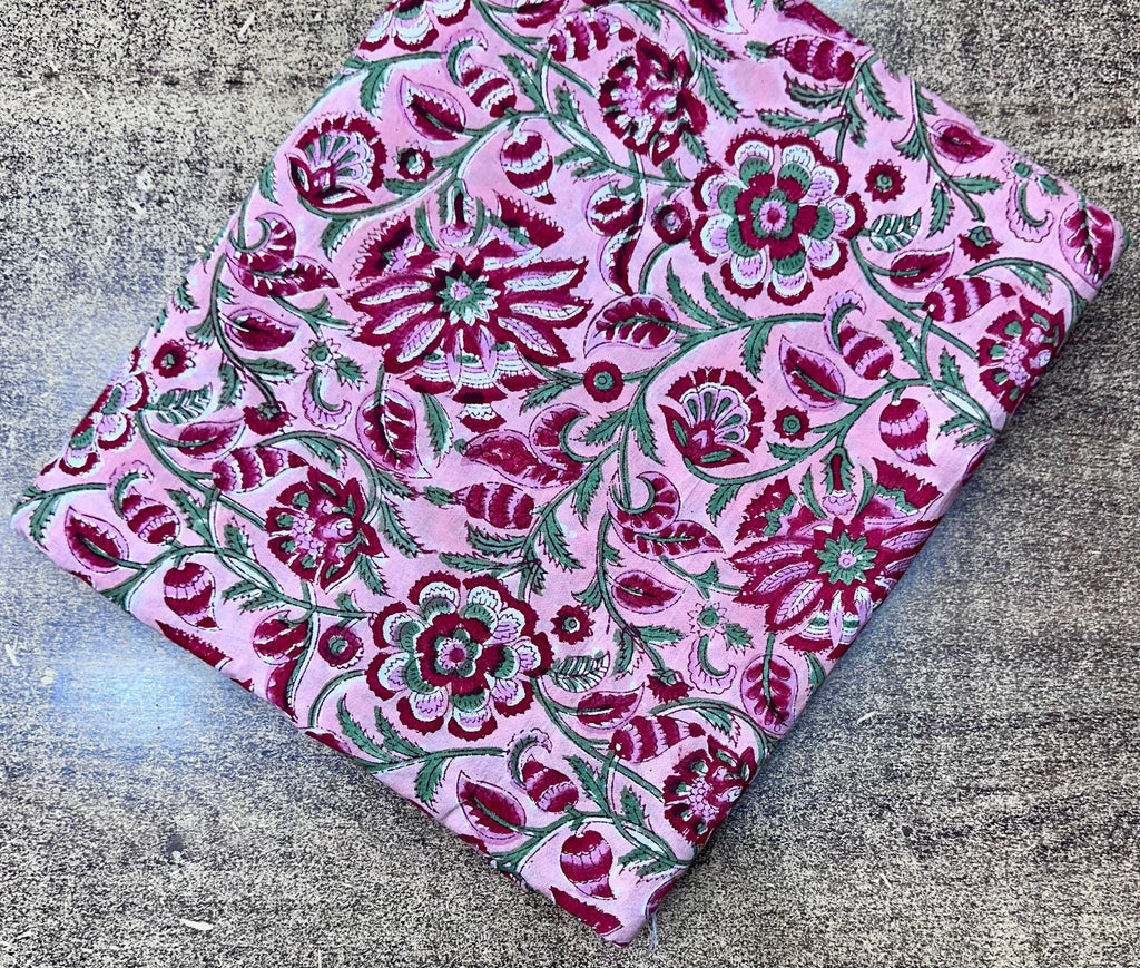 Pink Floral Block Print Cotton Fabric by the Yard | Indian Handmade Cotton for Sewing, Quilting, Dressmaking | Printed Floral Fabric