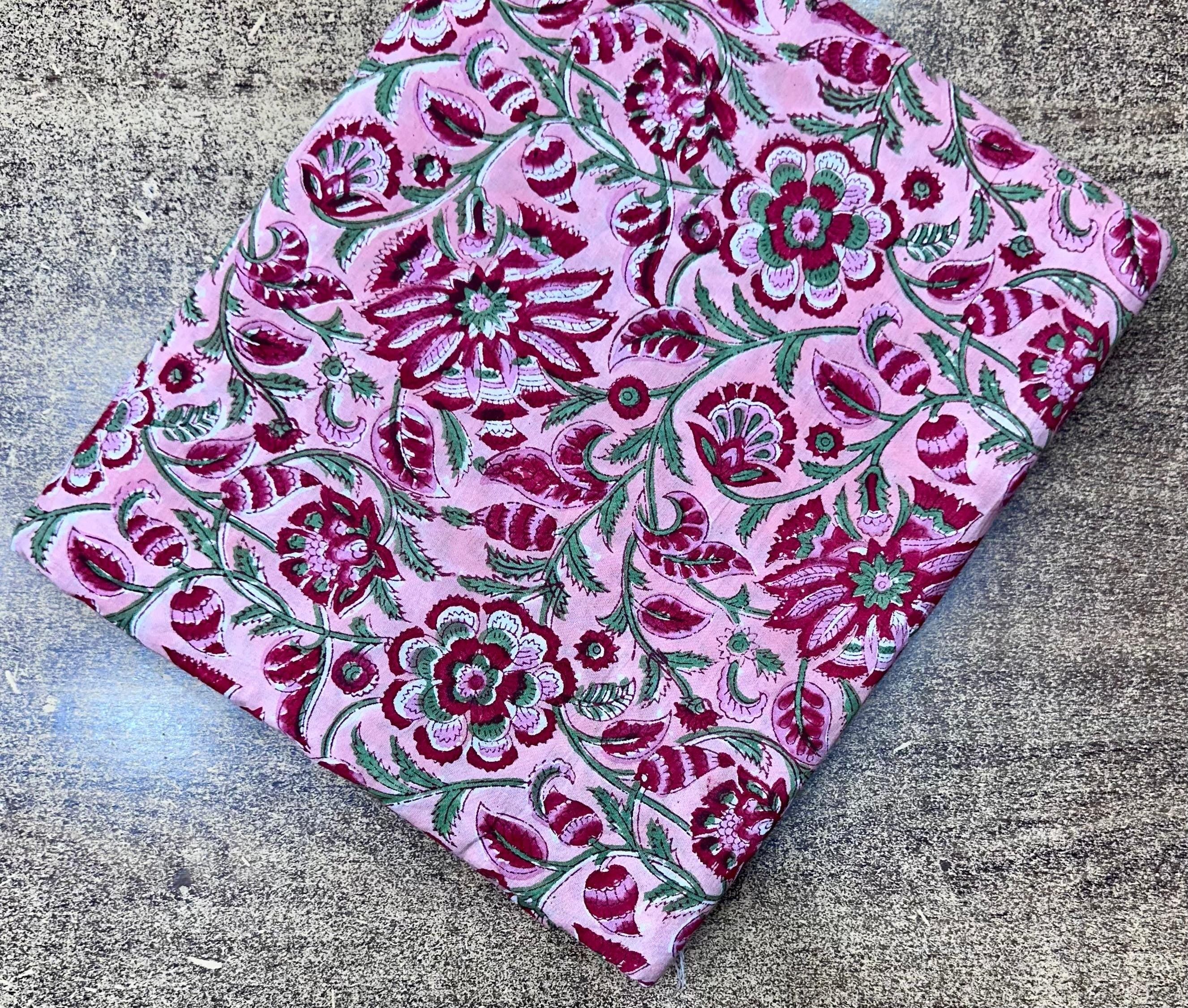 Pink Floral Block Print Cotton Fabric by the Yard | Indian Handmade Cotton for Sewing, Quilting, Dressmaking | Printed Floral Fabric