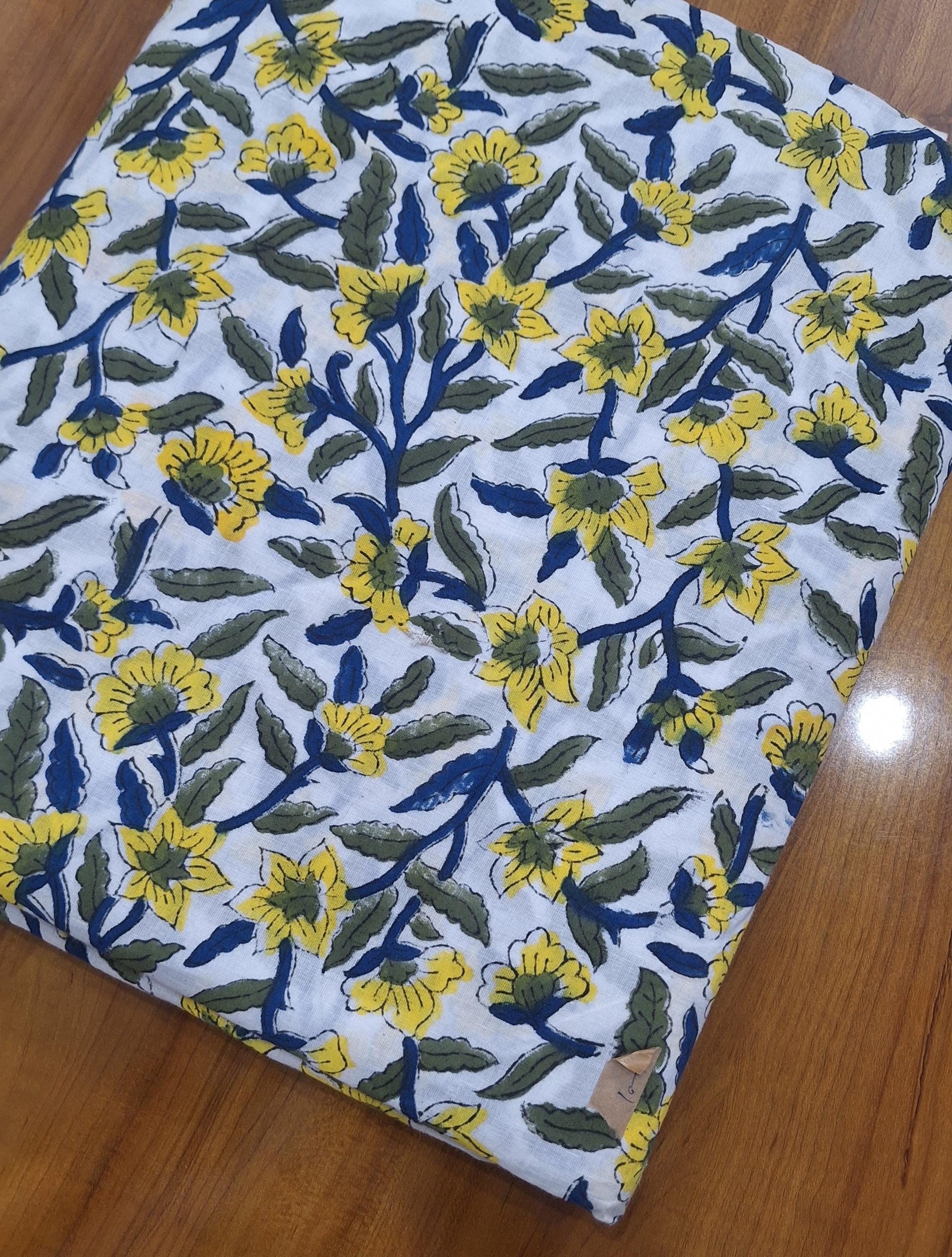 Yellow Floral Cotton Fabric, Hand Block Print Indian Fabric, Soft Lightweight Cotton Cloth for Dressmaking, Quilting, Sewing & DIY Crafts