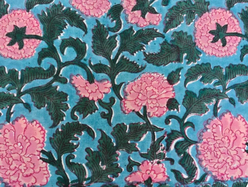 Blue Floral Cotton Fabric by the Yard, Pink Blossom Vine Print, Indian Block Print Style Fabric, Quilting Sewing Craft, Botanical Textile