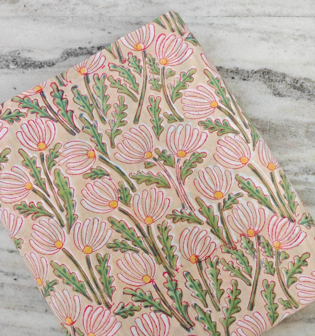 Beige Floral Cotton Fabric by the Yard, Pink Daisy Block Print, Indian Hand Printed Botanical Textile, Cream Cotton Fabric with Pink Flowers