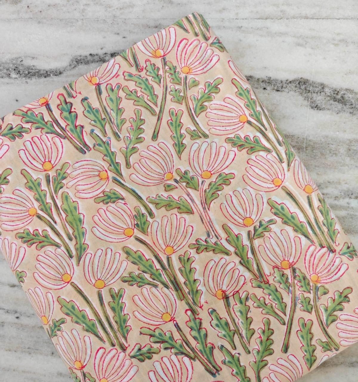 Beige Floral Cotton Fabric by the Yard, Pink Daisy Block Print, Indian Hand Printed Botanical Textile, Cream Cotton Fabric with Pink Flowers