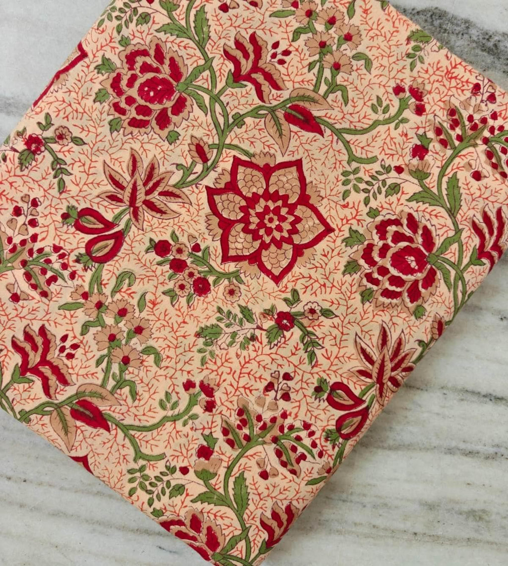 Hand Block Print Cotton Fabric, Red & Green Floral Vine on Beige, Indian Cotton Fabric by the Yard, Soft Lightweight Fabric for Dressmaking