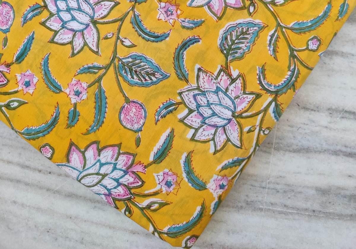 Yellow Lotus Floral Cotton Fabric by the Yard | Indian Hand Block Print Fabric for Quilting, Sewing, Dressmaking & Crafts | Textile Fabric