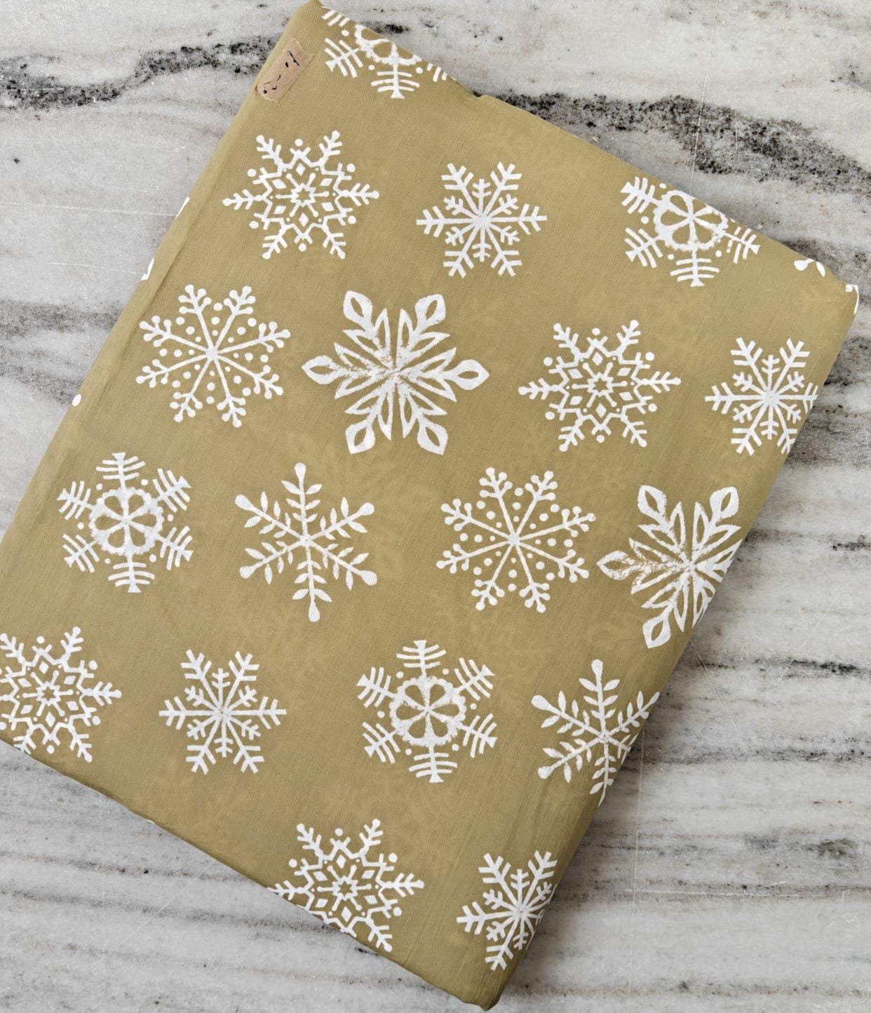 Mustard Snowflake Cotton Fabric, Winter Holiday Fabric by the Yard, Soft Indian Cotton for Quilting, Sewing, Dressmaking Crafts, Xmas fabric