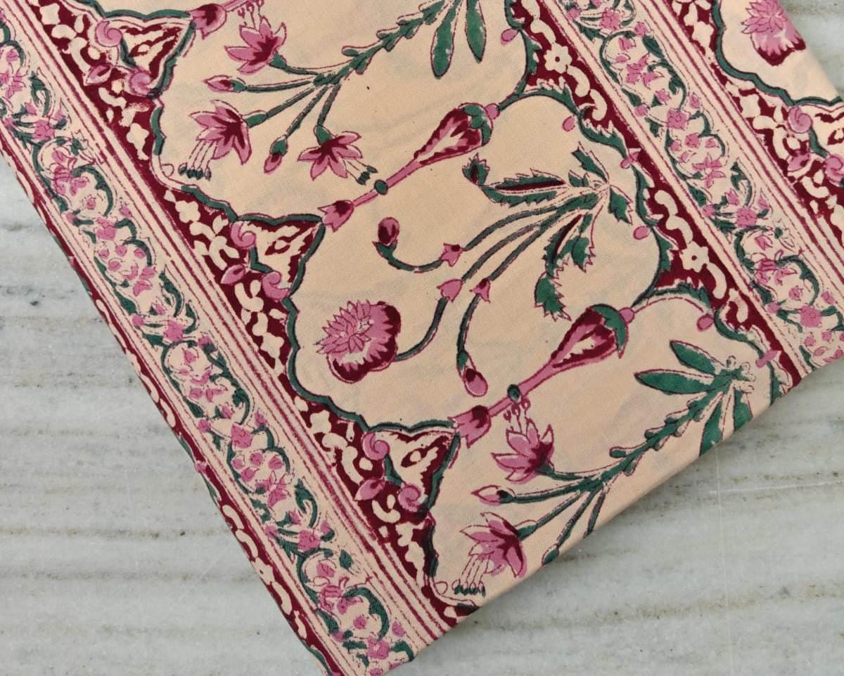Beige Floral Cotton Fabric with Border, Soft Cotton Fabric, Indian Hand Block Fabric, 100% Cotton Fabric By The Yard, Loose Running Fabric